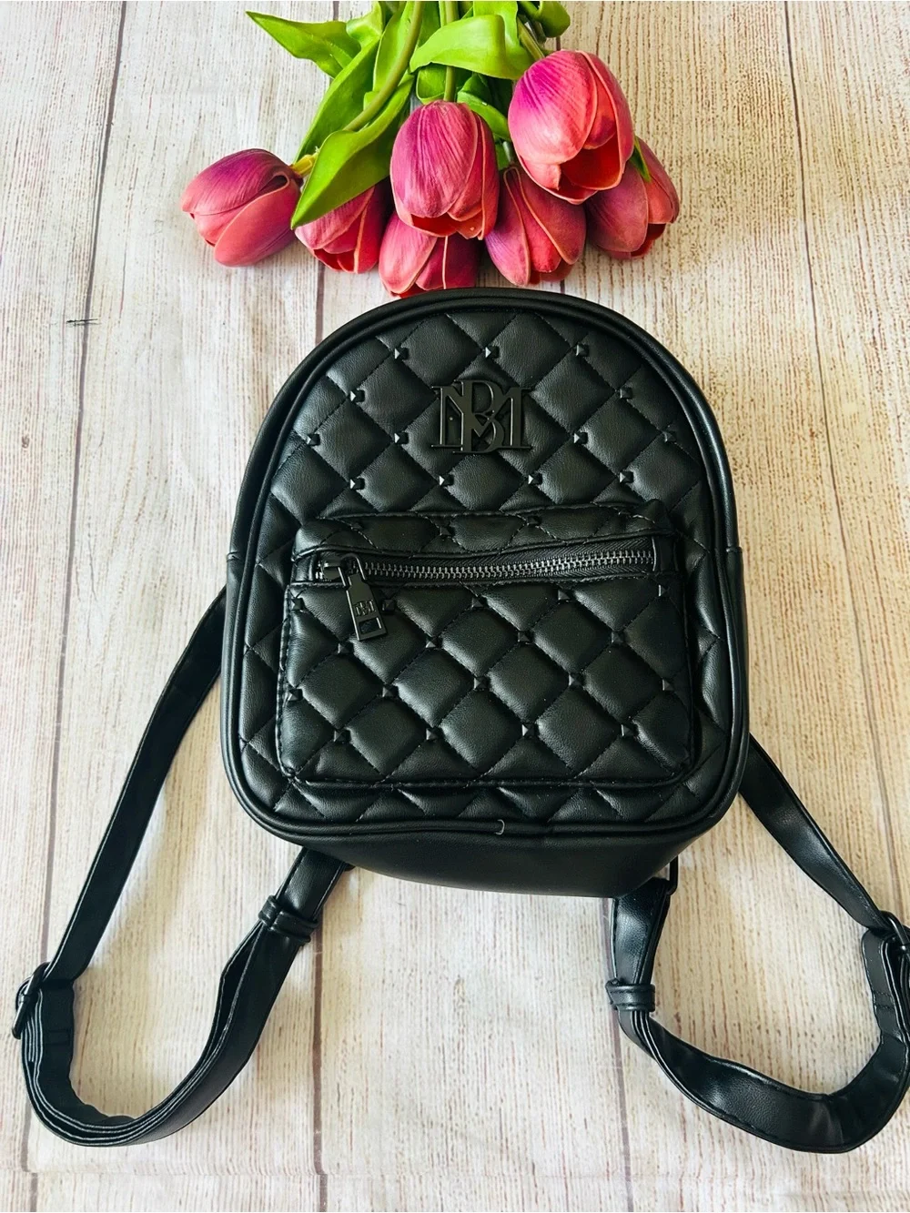 Badgley Mischka Black Vegan Leather Logo Studded Quilted Mini Backpack NWT